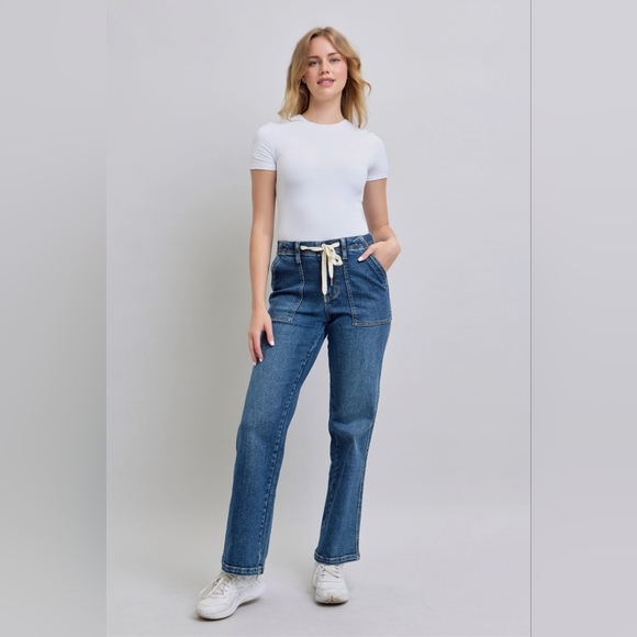 Judy Blue HR Medium Wash Classic Straight Fit Jeans Drawstring Waist Various NEW